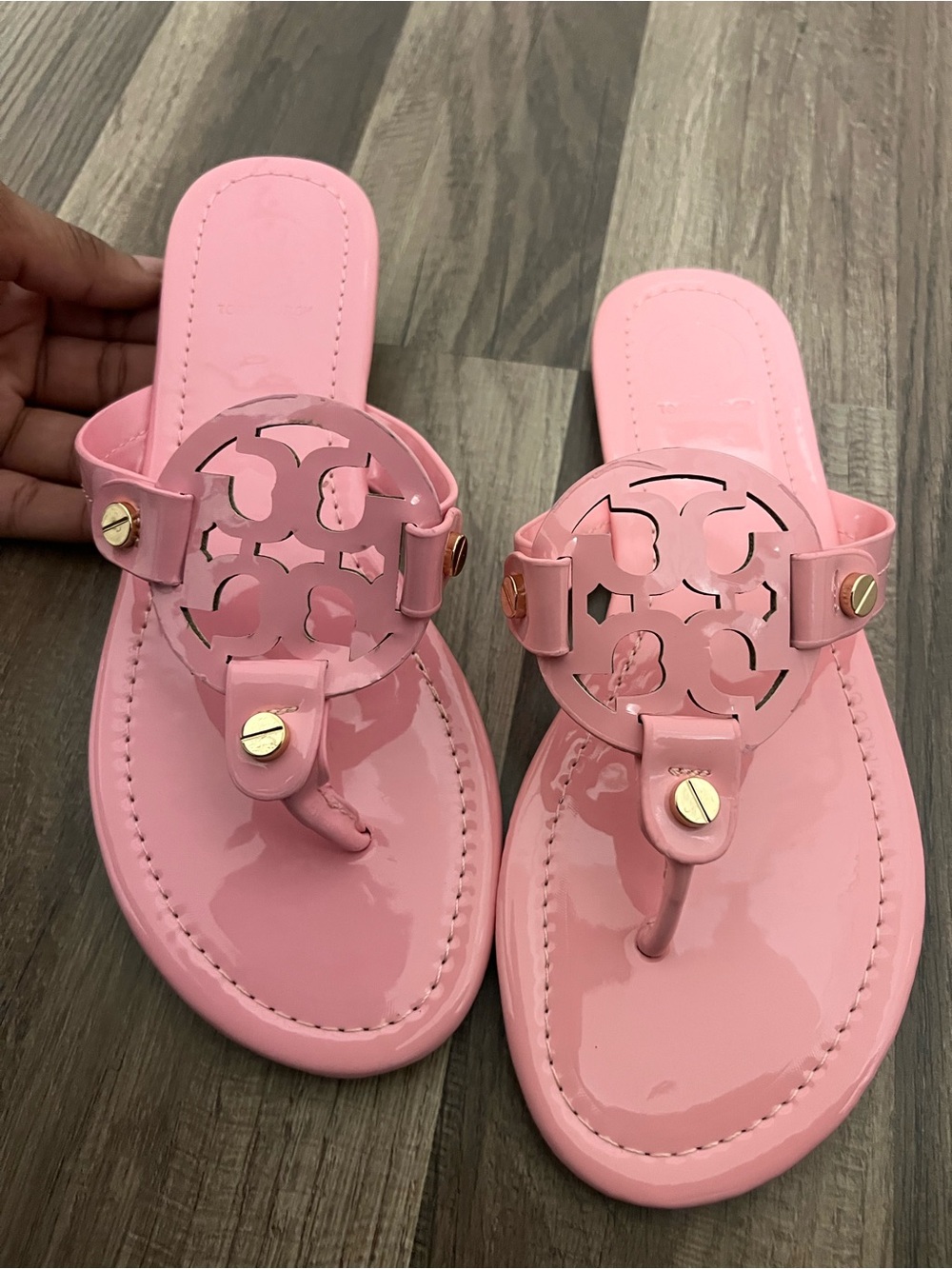 Tory Burch Pink Patent Logo Thong Sandals